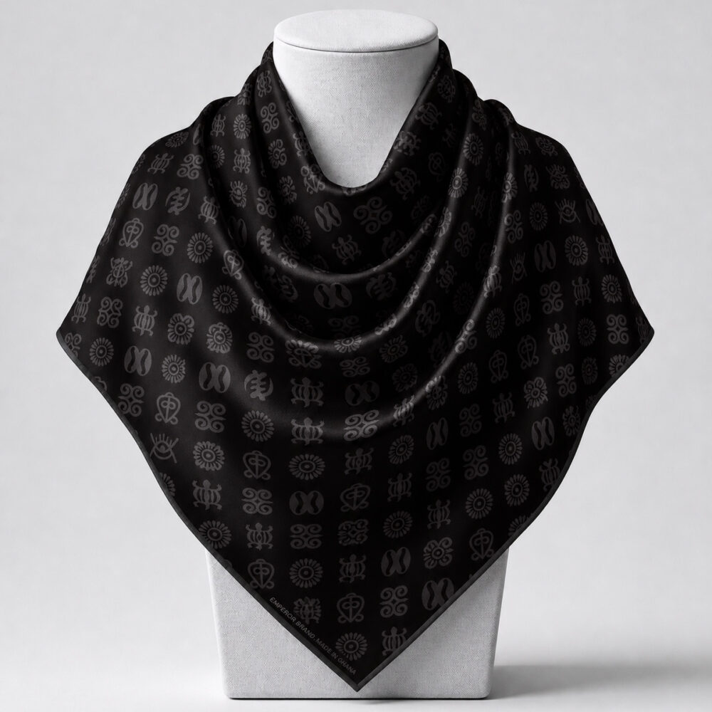 Emperor Obsidian luxury black-on-black scarf featuring a signature Ghanaian-inspired pattern, designed and made in Ghana by Emperor Brand.